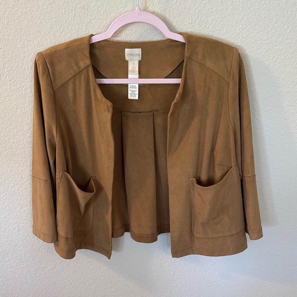 Chico's Tan Blazer with Relaxed Silhouette and Open Front